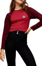 Topshop Varsity Raglan Long Sleeve Crop Top Red Cotton School Tee NEW