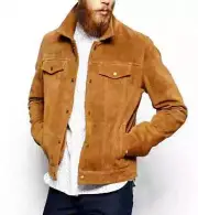 Mens Tan Suede Leather Jacket Button Closer 100% Genuine Lambskin Real Sheepskin