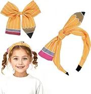 [Nogeqi] 2 PCS Yellow Pencil Bow Headband and Pencil Hair Bow Clips for Girls, Cute Pencil Headbands, Teen Girls Hair Accessories, Back to School Outfits, First Day of School Gifts for Students