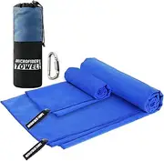 Microfiber Travel & Sports Towel Set - Quick Dry, Super Absorbent, Compact, Lightweight - for Camping, Backpacking, Hiking, Beach, Yoga, Swimming - Includes 2 Sizes + Carrying Bag & Clip (Set (30”x60” & 16”x32”), Blue)
