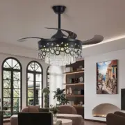 42" Crystal Chandelier Ceiling Fan Retractable Blades LED 3-Color Light w/Remote