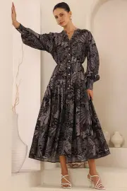 Starren Maxi Dress - Mandarin Collar Button Down Dress with Waist Tie in Midnight Flora Print