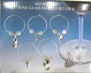 NIB SET 6 GODINGER SILVER PLATED WINE GLASS MARKERS/CHARMS-Cheese/Grapes/Barrel