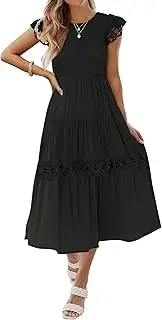 [ZESICA] Women's 2023 Casual Crew Neck Flutter Sleeve Smocked High Waist Hollow Out Lace Trim Tiered A Line Midi Dress