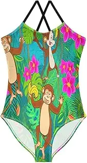 [RPLIFE] Girls Swimming Suits Beach Apparel 3-10 Y with Adjustable Shoulder Strap, Playful Monkeys Jungle Green