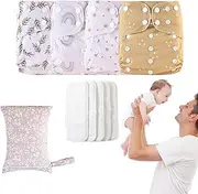 Reusable Cloth Diapers, Adjustable Reusable Baby Cloth Diapers, 4X Absorbent & Breathable Liners, Waterproof Cover with 4 Inserts & 1 Wet Bag for Toddler Boys Girls