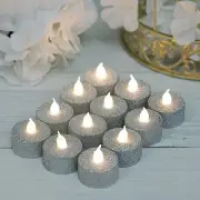 SILVER 12 LED Tealight Glittered Candles Lights Light Gray Home Centerpieces