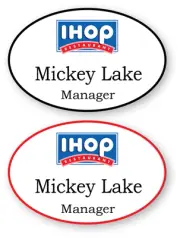 2 WHITE OVAL IHOP RESTAURANTS PERSONALIZED NAME BADGES SAFETY PIN BACK