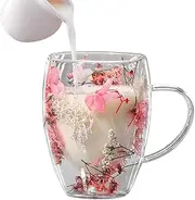 LeoLeoyy Insulated Glass Coffee Cups, Dried Flowers Glass Cups, 350 ml, Double-Walled Coffee Cups, Heat Resistant Coffee Cups for Milk, Chocolate, Tea, Juice, Coffee, Hot, Cold Drinks