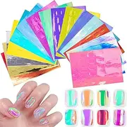 16 Sheets Aurora Nail Foil Cellophane Self-Adhesive Stickers Broken Glass Paper Films Holographic Laser Iridescent Nail Decals DIY Nail Art Decoration for Women Girls Valentine