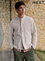 Neutral Ecru Borg Fleece Button Through Cardigan Shacket (E97804) | $40
