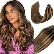 Tape Hair Extensions Medium Brown with Strawberry Highlights Human Hair Glue in Extensions Double Sided Seamless Skin Weft Silk Remy Real Hair Tape on Extensions