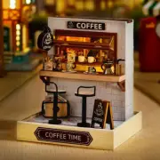 Mini Coffee Shop Wooden Miniature Dollhouse Doll House Dust Cover Furnished