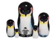 Handpainted Emperor Penguin Nesting Doll 5pc Tall 5" 100% Natural Linden Wood