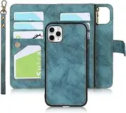 iCoverCase iPhone 11 Pro Wallet Case with Card Holder, 2 in 1 PU Leather Case with Magnetic Clasp Zipper Pocket Shockproof Detachable Flip Case with Wrist Strap for iPhone 11 Pro (Blue)