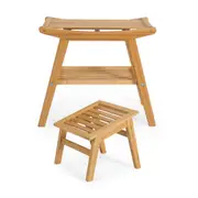 Giantex Bamboo Seat Bench & Foot Stool Shower Underneath Storage Shelf Wood Shoe Seat Stool Set for Indoor and Outdoor