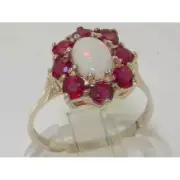 10k White Gold Natural Opal & Ruby Womens Cluster Ring - Sizes 4 to 12