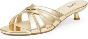 [QIY] Kitten Heels Open Rounded Toe Sandals Slip on Mules Women Strappy Low Heels 1.38" Heeled Sandals Party Dress Shoes