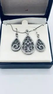 Silver 925 Teardrop Dangle Earrings Pendant Chain Necklace Set Filigree Vintage