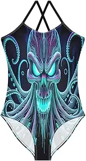 [RPLIFE] Neon Skull Octopuses with Evil Eyes One Piece Toddler Swimsuit Girl, Summer Swimsuits Girls, Beach Swim Suits Kids