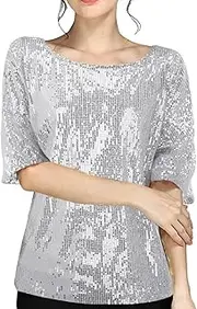 [Generic] Women's Sequin Tops Plus Size Round Neck Sparkle Top Shimmer Glitter Short Sleeve T-Shirt Tunic Blouse