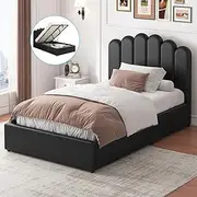 ALFORDSON Bed Frame Base with Gas Lift Storage Single Size Milton Series with Bed Head, Mattress Topper Platform Foundation with PU Leather Upholstery for Bedroom, Black
