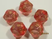 NEW RPG Dice Set of 5 D20 - Mysty Clear Red w/Gold Inking