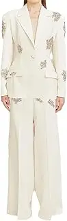 [HEYDHSDC] Women Beaded Rhinestones Single Buttons Suit Blazer Wide-Leg Pants Set 2Pcs