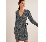 Boden Black White Sprig Wrap Tie Detail Mini Dress Long Sleeve V-neck Fall Small