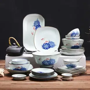 中式復古釉下彩陶瓷餐具碗碟碗筷套裝 家用飯碗盤子勺子魚盤湯碗