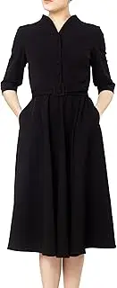 [Ava Luke] Women's Fit and Flare Tea Midi Dress with Button Down for Office and Work