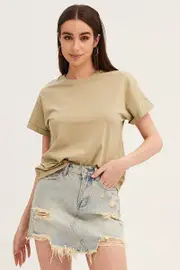 Green Roll Sleeve Crew Neck Tee - Size S, Women's T-shirt