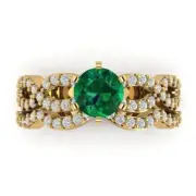 1.55ct Round Cut Halo Emerald Stone Ring Band bridal Set 14k Yellow solid Gold