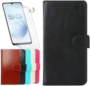 FZYM PU Leather Wallet Flip Protective Case for ZTE Optus X Start 3 (5.0") + [3 Pack] Screen Protector Film Tempered Glass, Magnetic Flip Cover with Card Slots and Stand Shell - Black