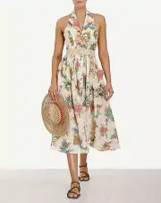 Zimmermann Clover Halter Shirt Dress Open Back Floral Collar Wicker Belt size 4