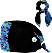 [FVQL] Set of 1 Working Hat with Hair Scrunchy, Scrub Caps Women, Floral Pattern Yin Yang