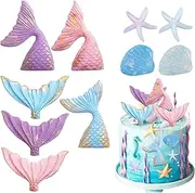 10 Pcs Mermaid Cake Topper Set ， Mermaid Tail Cake Decorations for Under the Sea Princess Theme Party, Includes Seashell Starfish Cake Toppers for Birthday Celebration, (10)