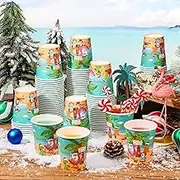 Jingmore Summer Beach Disposable Coffee Cups 8 oz Hawaiian Santa Paper Cups Christmas in July Party Supplies for Tropical Luau Pool Mele Kalikimaka Decorations(100 Pcs)
