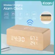 Digital Alarm Clock Wooden Table Desk Bedside LED Clock With Wireless Charger