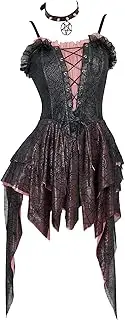 [MEOWCOS.COM] MEOWCOS Women's Gothic Dress A-line Goth Corset Dress Spider Web See-Through Halloween Cosplay Costume