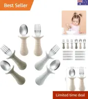 Baby Toddler Fork and Spoon Utensil Set, 6 Pack Silicone Stainless Steel Silv...