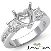 Princess Heart Semi Mount 3 Stone Diamond Wedding Ring 14k White Gold 1.1Ctw