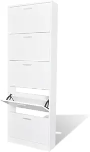 White Wooden Shoe Cabinet with 5 Compartments, Slim Storage Organizer Rack for Entryway, 59 x 17 x 169 cm, Stylish Furniture for Shoes and Accessories, Wall-Mounted Closet Shelf with Doors