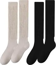 [EUPSIIU] 2 Pairs Knit Women's Slouch Sock, Long Fluffy Socks Knee High Boot Slouchy Scrunch Socks For Woman Girls, Cotton Extra Long Scrunch Knee High Socks for Fall Winter, One Size