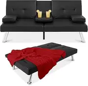 [Best Choice Products] Faux Leather Upholstered Modern Convertible Futon, Adjustable Folding Sofa Bed, Guest Bed w/Removable Armrests - Black