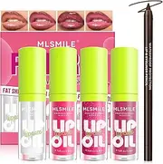 Noerrors 4 Colours Lip Oil and Lip Liner Set Long Lasting Lip Care Oil Large Brush Head Moisturising Clear Pink Glitter Transparent Lip Gloss Combination Makeup