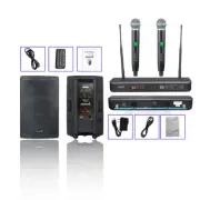 15 Inch Active PA Powered Audio Speaker W/ 2CH UHF Handheld Wireless Microphones