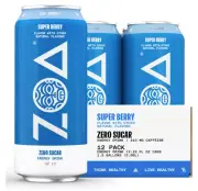 ZOA Zero Sugar Energy Drinks, Super Berry 16 Fl Oz (12-Pack)