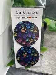 2 PC Car Cup Holder Coaster Set 2.75" Anti Slip Silicone Back New Paw Print 31