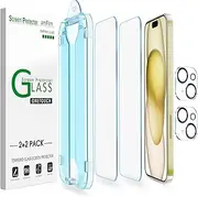 [2+2 Pack] amFilm OneTouch for iPhone 15 6.1 inch Glass Screen Protector Guard with Camera Lens Protector. Easiest to Installation, Bubble Free, Case Friendly